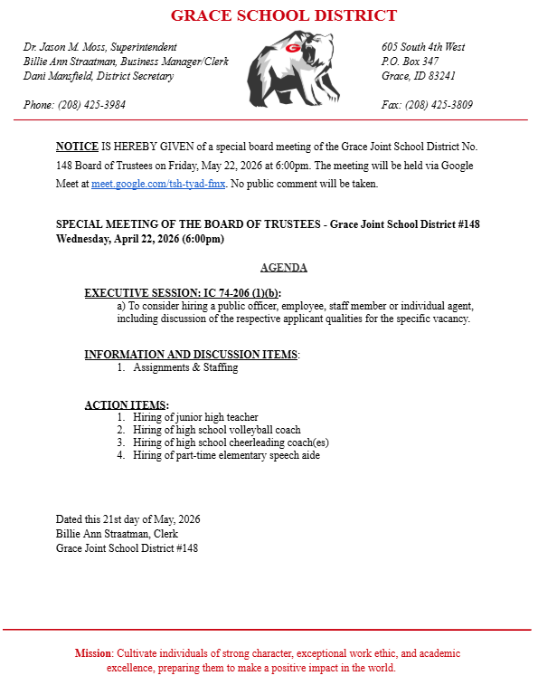 Special Board Mtg 5-22-26